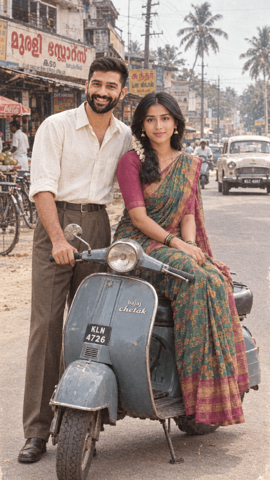 Result generated from 1980s South Indian Vintage Couple AI Photo Prompt | Bajaj Chetak Retro Film Photography