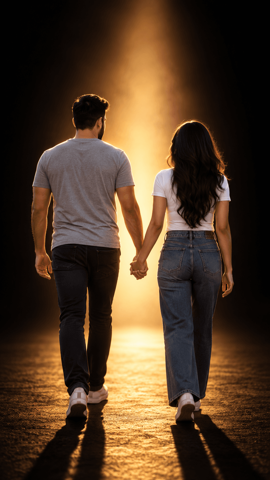 Result generated from Cinematic Romantic Couple AI Prompt – Backlit Sunset Walking Couple, 9:16